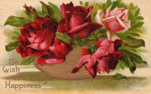 Vintage Postcard 1910's To Wish You Every Happiness Pink And Red Roses In Basket