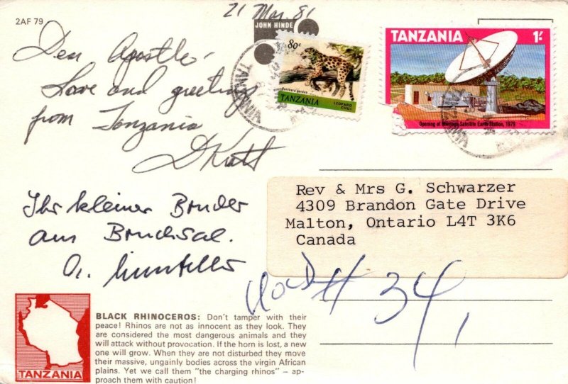 VINTAGE CONTINENTAL SIZE POSTCARD BLACK RHINOCEROS TANZANIA MAILED 1981