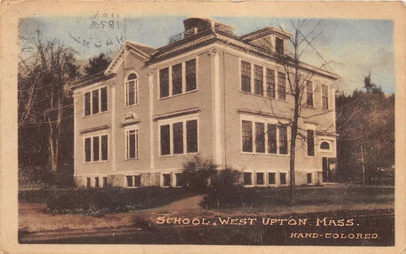 West Upton Massachusetts~School House~1924 Blue Sky Handcolored Postcard