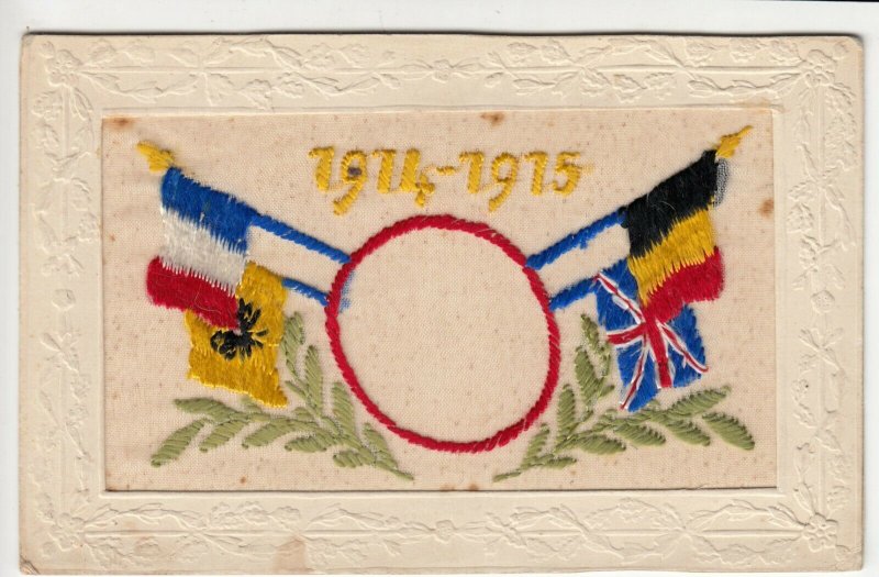 Original WW1 Silk Embroidered PC, Flags Of Nations With Blank Centre 