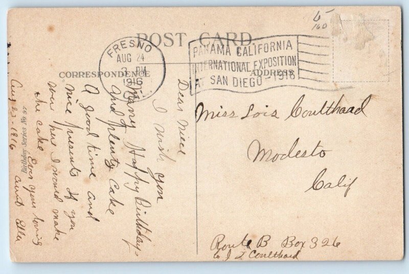 1916 Birthday Little Girl Cake Fresno California CA Antique Posted Postcard
