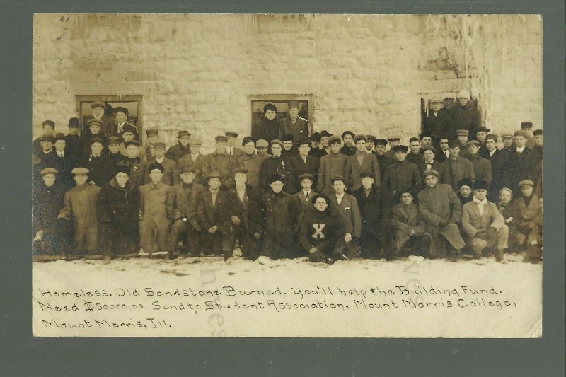 Mt. Morris ILLINOIS RPPC 1912 HOMELESS STUDENTS Fire Raising Money C.R. CHILDS