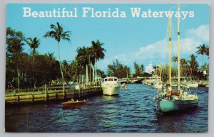 Florida~Boats Winding Along Beautiful Waterways~Homes Across St~Vintage Postcard 