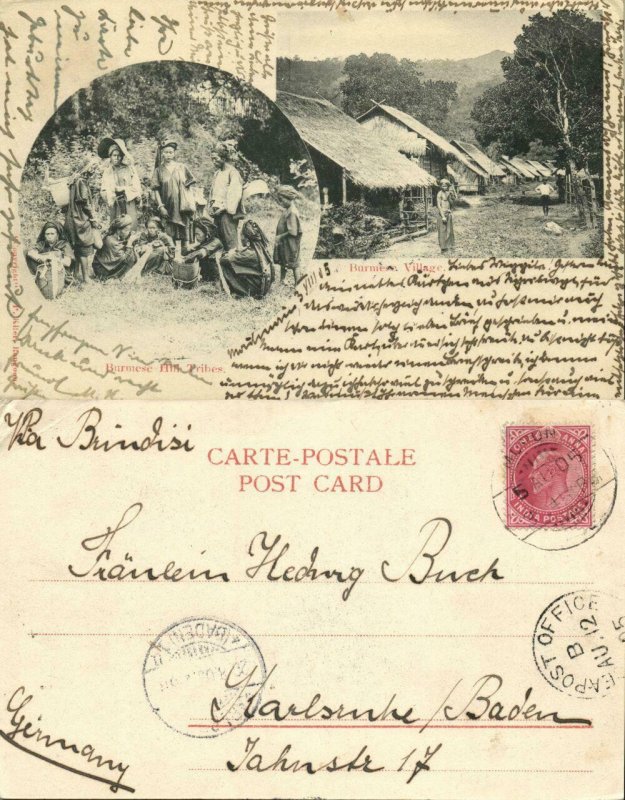 burma, Burmese Village and Native Hill Tribes (1905) Postcard 