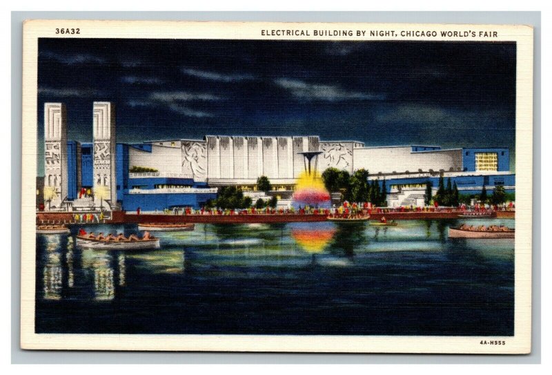 Vintage 1933 Postcard Electrical Building at Night at the Chicago World's Fair