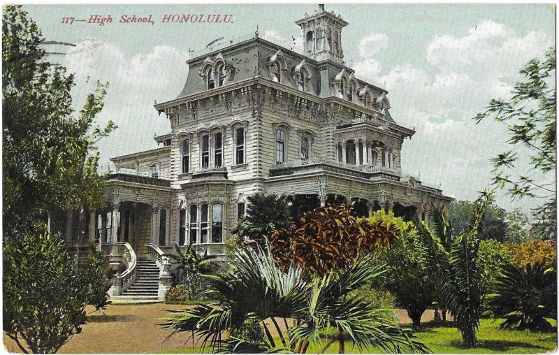High School Honolulu Oahu Hawaii Mailed 1908