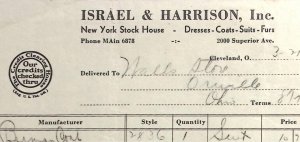 1937 ISRAEL & HARRISON DRESSES COATS SUITS FURS NEW YORK BILLHEAD INVOICE Z312