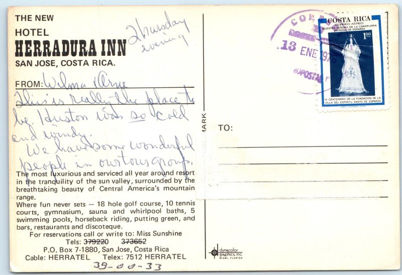 c1970s San Jose Costa Rica Hotel Herradura Inn Golf Cancel Stamp Cover 4x6 PC M6