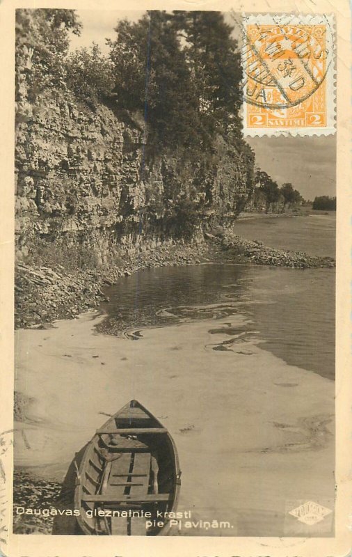 Latvia Postcard the picturesque shores of the Daugava near Plavinam boat