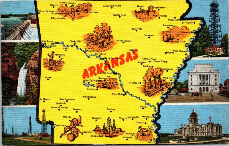 1940s Arkansas Map Multi-view Oil Wells Waterfall Dam Buildings Linen Postcard