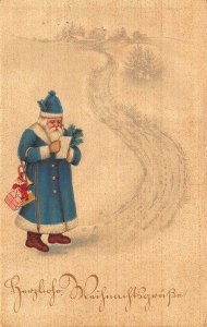 Blue Suited Santa Claus Checking His List Toy Bag Germany Postcard