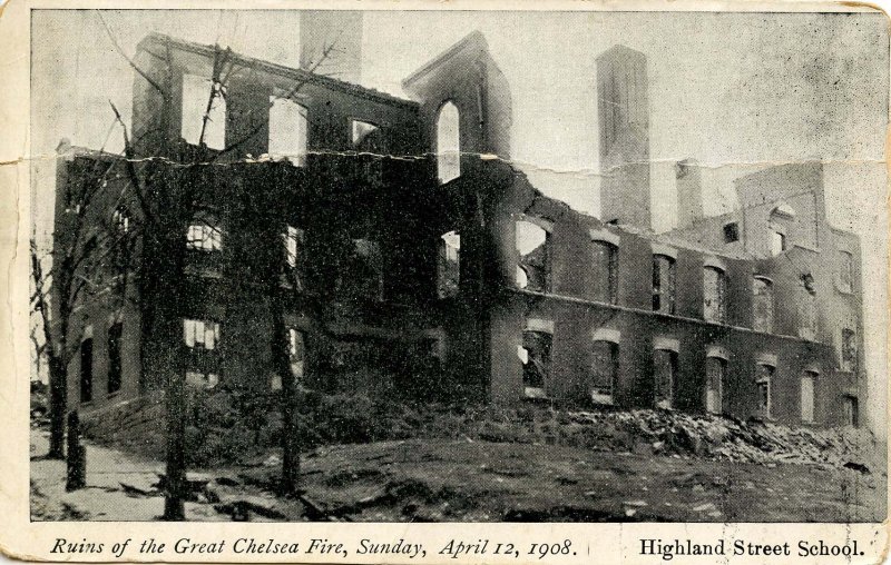 MA - Chelsea, April 12, 1908 Fire Ruins. Highland St School  (crease)