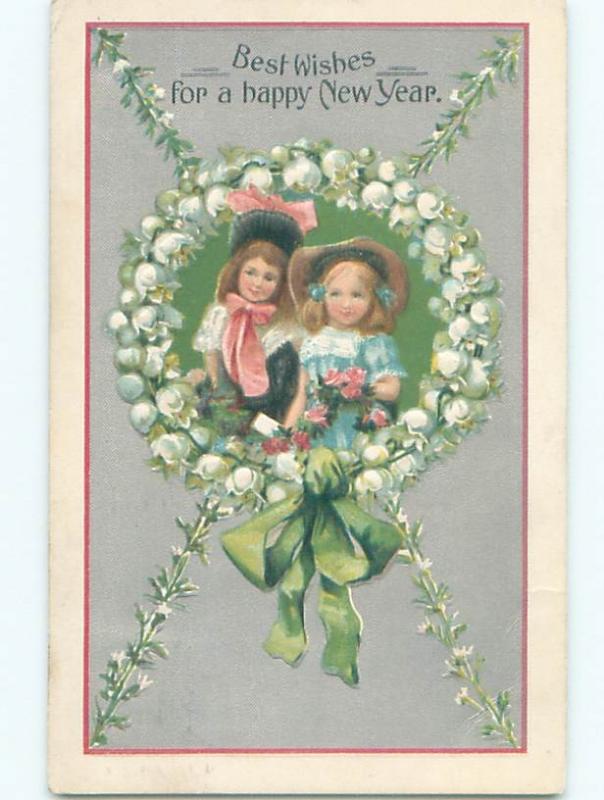 Pre-Linen New Year GIRLS IN RING OF LILY OF THE VALLEY FLOWERS AB2651