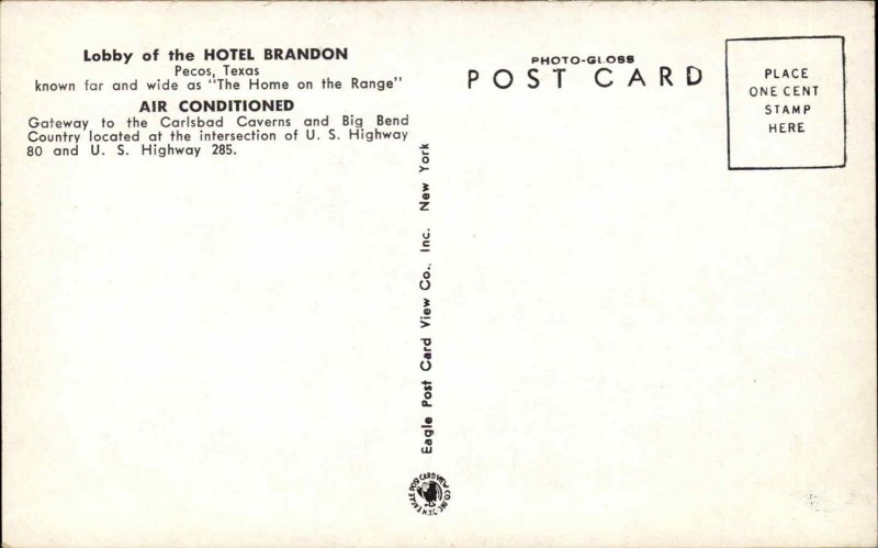 Pecos Texas TX Hotel Brandon Interior Vintage Postcard