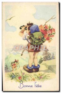 Old Postcard Bonne Fete Children Hiking