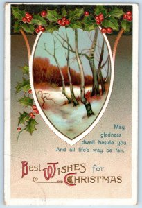 Christmas Postcard Holly Berries Winter Scene Embossed Clapsaddle Moorhead MN