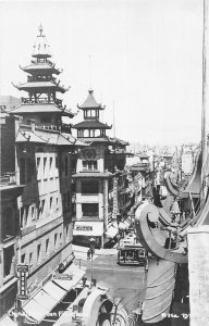 H12/ San Francisco California Postcard RPPC c40s Chinatown Buildings Trolley 2