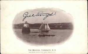 Yarmouth Nova Scotia NS The Beacon Lighthouse Schooner c1910 Postcard