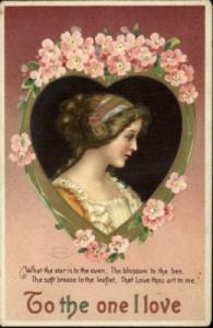 VALENTINE Pretty Woman Heart Border c1910 Postcard