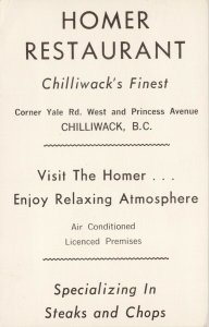 Homer Restaurant Chilliwack BC Fraser Valley Advertising Litho Card F80