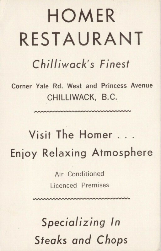 Homer Restaurant Chilliwack BC Fraser Valley Advertising Litho Card F80