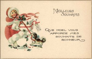 Christmas Children Dog Fur Vintage Postcard