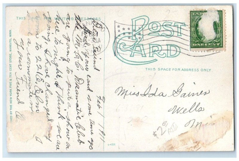 1911 Post Office Exterior Building Mankato Minnesota MN Antique Vintage Postcard