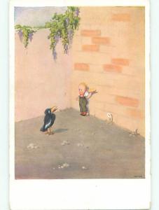 Pre-Linen foreign signed BLACK BIRD CORNERS BOY AGAINST WALL k6745