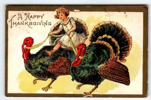 Thanksgiving Postcard Women Rides On Giant Turkey Vintage Embossed Fantasy