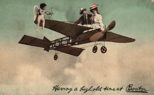 Postcard Woman & Man Flying Plane with Cupid Romance Having High Old Time Boston