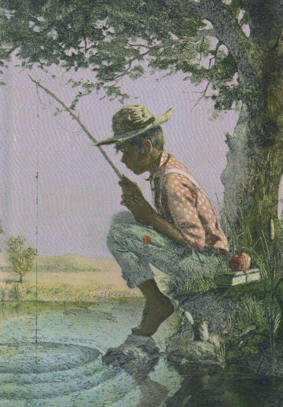 Boy Fisherman Fishing Real Metallic Shine Postcard