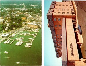 2~Postcards Annapolis, MD Maryland YACHT BASIN~Marina & STATLER HILTON INN HOTEL