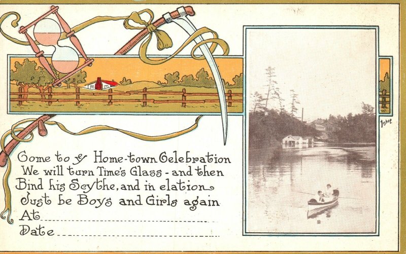 Vintage Postcard Invitation Card To A Hometown Celebration With Lake Boating