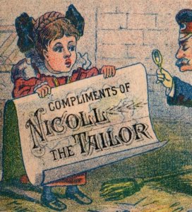 1880s Nicoll The Tailor Foreign Goods Street Scene Lady Sign Military Man P81