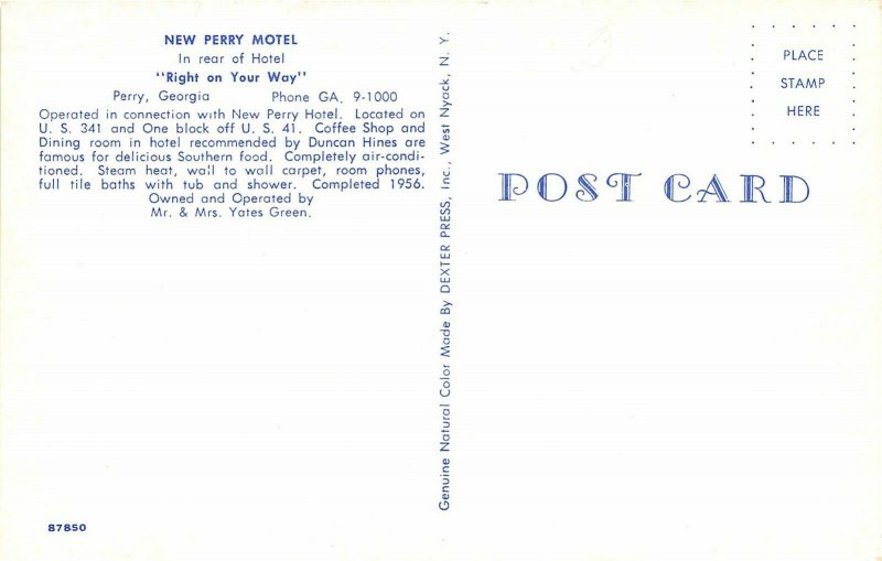 Perry Georgia c1960 Postcard New Perry Motel