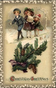Christmas - Children & Pine Cones c1910 Winsch Postcard