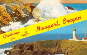 Newport, Oregon Large Letter Greetings Lighthouse c1950s Vintage Postcard