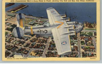 SAN DIEGO CA Navy Plane in Flight Linen Postcard