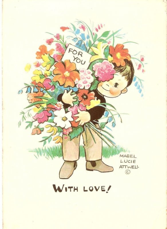 M.L. Attwell. Boy with flowers Wirth love! Nice English PC. Size 15 x 10 cms.