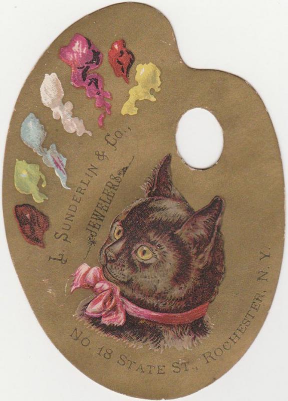 Victorian Die Cut Palette Style Trade Card Sunderlin Jeweler Rochester NY Kitten