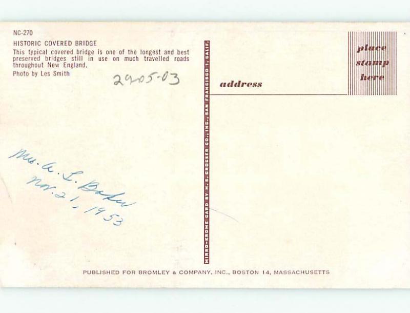 Pre-1980 COVERED BRIDGE Published in Massachusetts MA t8580