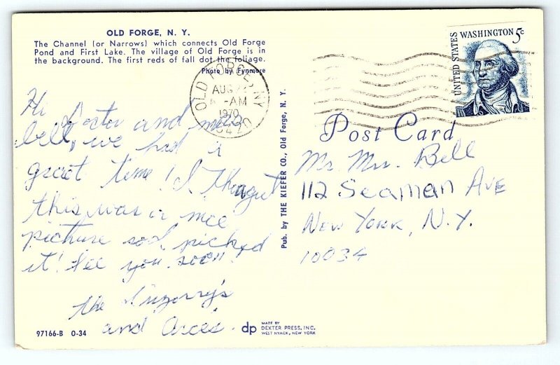 1960s OLD FORGE NEW YORK CHANNEL OLD FORGE POND FIRST LAKE CHROME POSTCARD P932