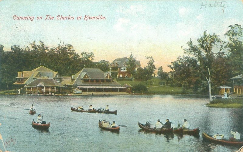 Boston Massachusetts Canoeing on the Charles River at Riverside, 1907 Postcard