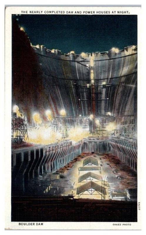 Mid-1930s Boulder Hoover Dam Construction at Night, NV Postcard