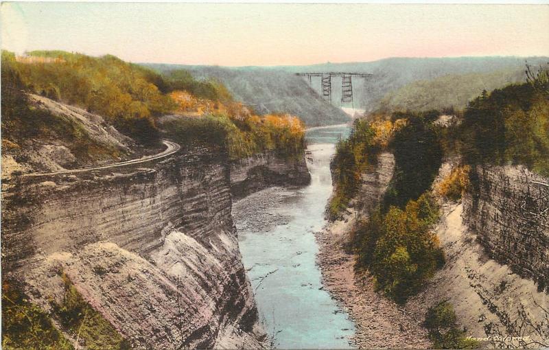 Hand-Colored Postcard Portage Bridge from Inspiration Pt. Letchworth State Pk NY