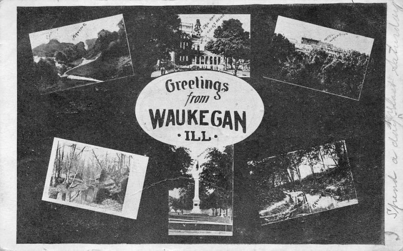 GREETINGS FROM WAUKEGAN ILLINOIS McKINLEY PARK STATION MULTI-VIEW POSTCARD 1910