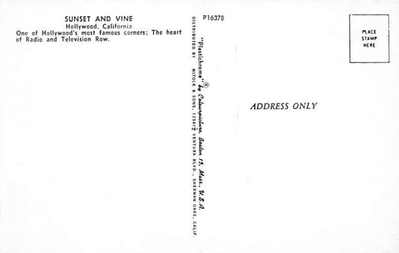 Sunset and Vine Hollywood  California Postcard