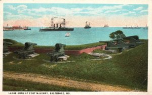Vintage Postcard 1920's View Large Guns at Fort Mc Henry Baltimore Maryland MD 