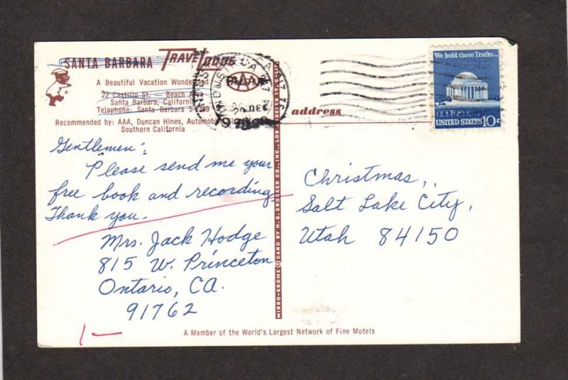 CA TraveLodge Travel Lodge Hotel Motel Santa Barbara California Postcard