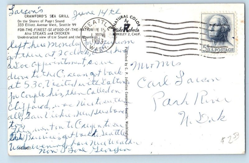 Seattle Washington WA Postcard Crawford's Sea Grill Elliott Avenue c1963 Vintage